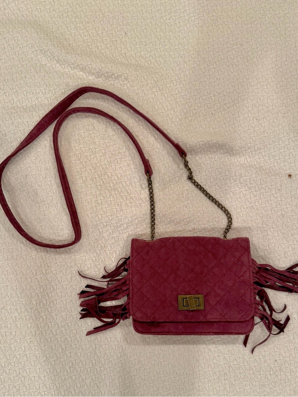 Art Lass Quilted Fringe Crossbody Bag in Burgundy Faux Suedes